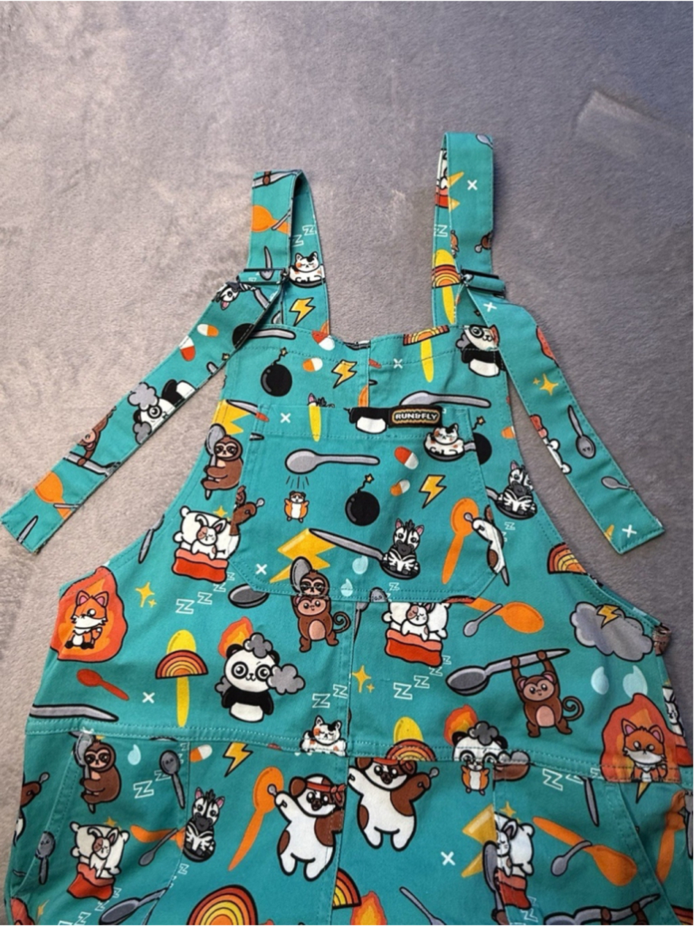 RUN AND FLY X Innabox Spoonies Print Stretch Twill Cotton Dungarees M